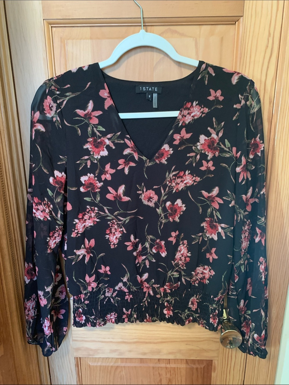 ☁️ 1State Crop Black Floral Sheer Sleeve Blouse ☁️